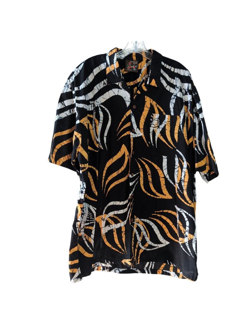 Vintage Caribelle Batik Shirt Mens XL Black Gold White short sleeve Tropical